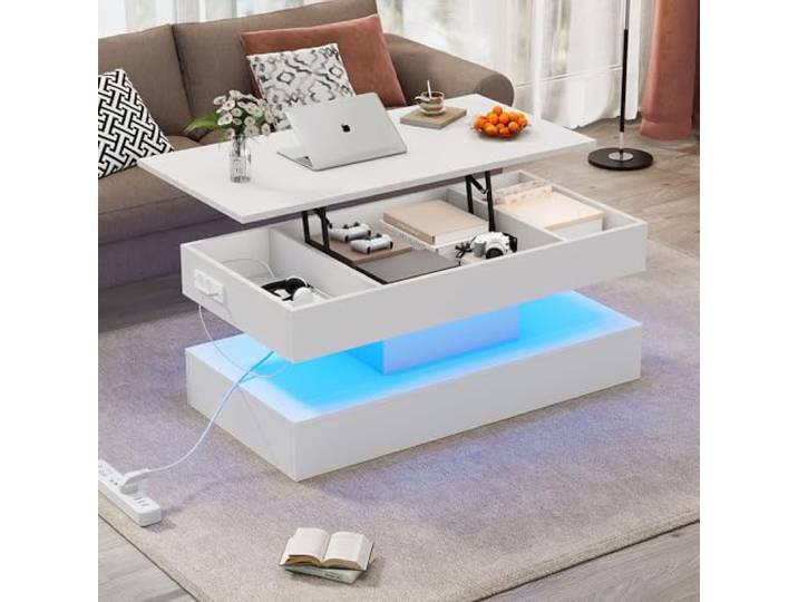 BTM Moderner Couchtisch mit LED-Beleuchtung und verstecktem Stauraum - Beistelltisch mit hydraulischem Hub, 100 * 50 * 42 cm, 50 kg belastbar