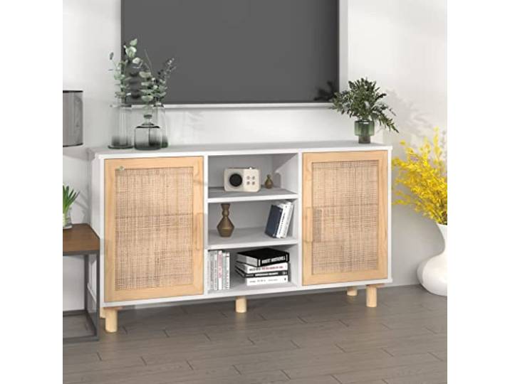 HFXHIJXQ Sideboard Weiß 105x30x60 cm aus Massivholz Kiefer und Natur-Rattan, Modernes Küchenbuffet mit 5 Fächern, Stauraum Kommode für Wohnzimmer Flur Schlafzimmer