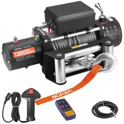 VEVOR Elektrische Seilwinde, 6100 kg, 12 V DC Elektrowinde mit 24 m Seil, kabellose & kabelgebundene Fernbedienung, IP55 Offroadwinde zum Abschleppen von SUV, Jeep, Anhänger, Boot, Geländewagen