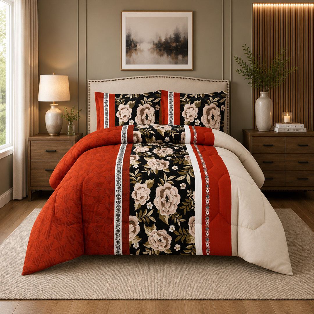 Textile Home Red Trendy Printed Bedspread Floral Design Quilted with Pillow Shams Red Double Bedspread + 2 Standard Shams