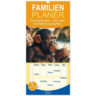Familienplaner 2026 - Schimpansen - Ein Jahr mit Menschenaffen. mit 5 Spalten (Wandkalender, 21 x 45 cm) CALVENDO