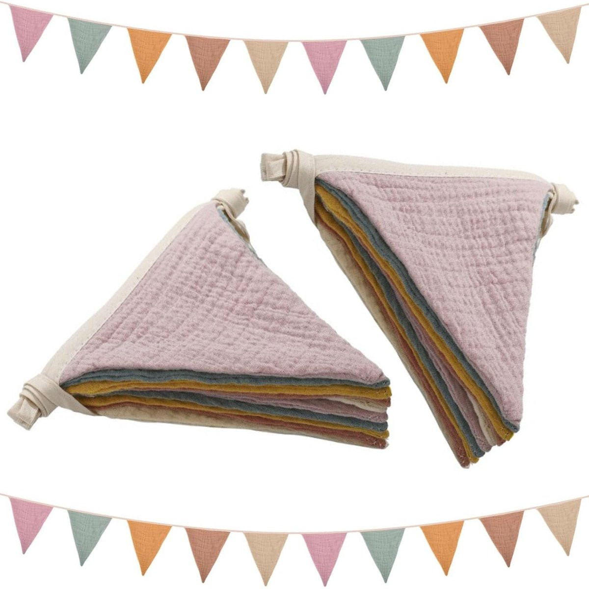 Dailygoods Vlaggenketting Dubbelzijdig - 2 Stuks - Kleurrijke Stoffen Slinger van Mousseline en Katoen