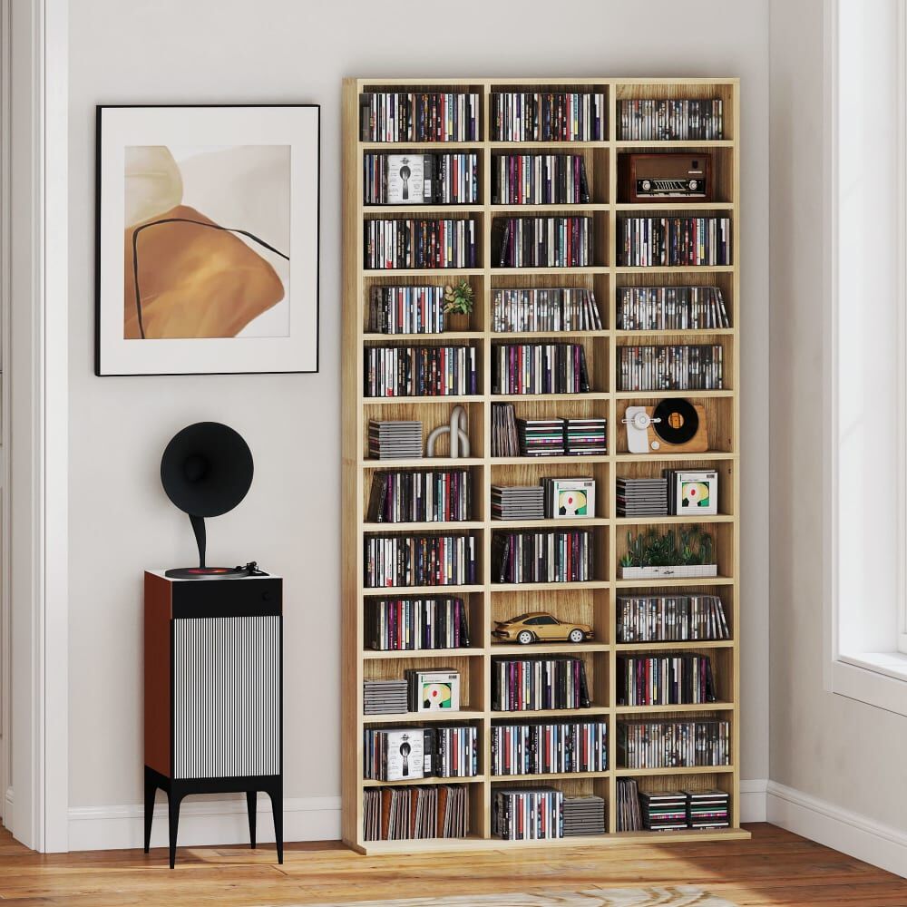 Homcom Rangements pour cd et dvd 36 compartiments mdf chêne Beige 102x195x24cm