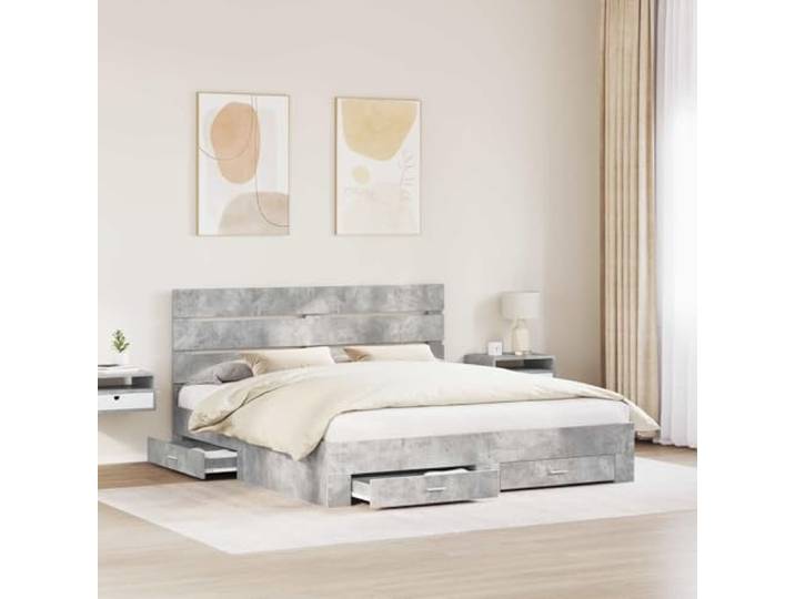 SKTQYQO Bettgestell grau Zement 180 x 200 cm Technisches Holz, mit Schubladen, Kopfteil inklusive, modernes Design, Verwendung im Innenbereich