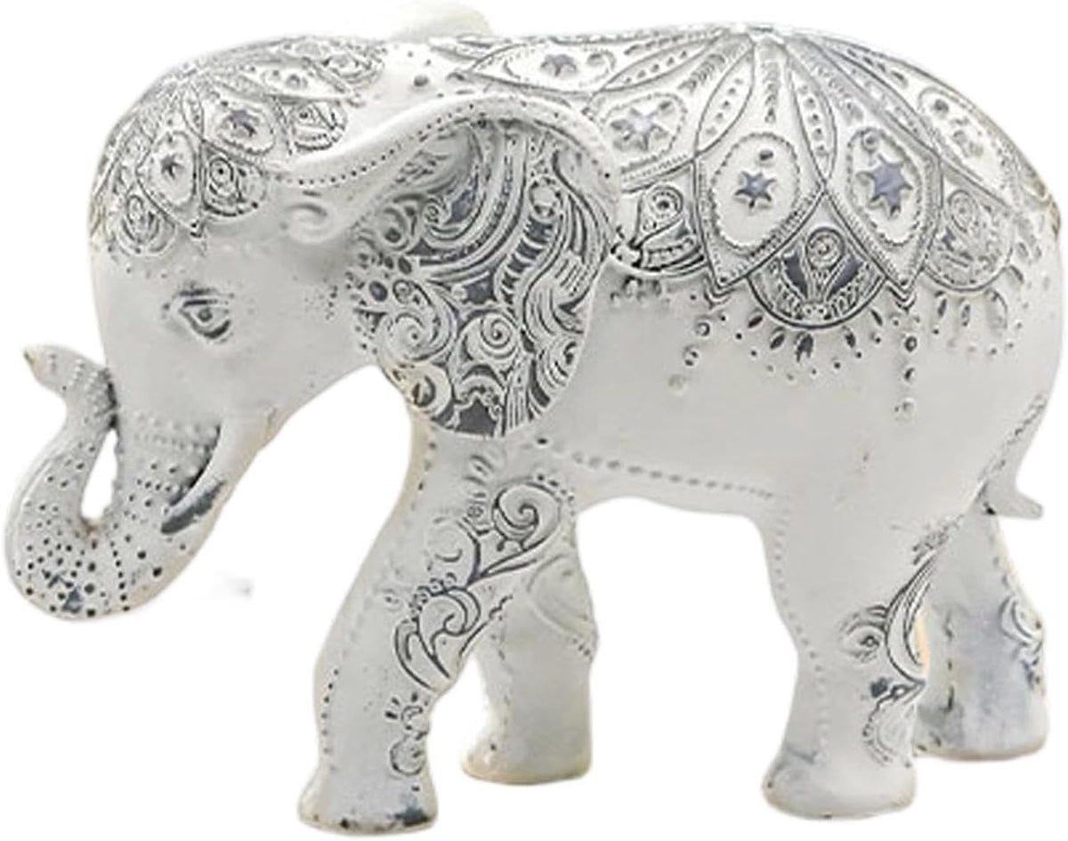 Grijs Olifant Beeldje met Artistiek Bloemenreliëf - H 18 x B 15 x D 18 cm