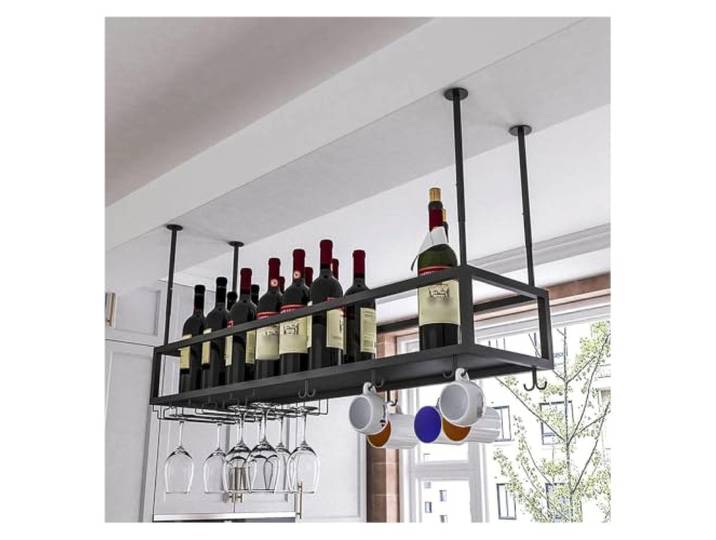 Failjierue Weinflaschenhalter an der Decke, Kelchregale aus Metall 2-in-1-Weinglasregal für Becher und Kelche, verstellbare Aufhängehöhe 30–60 cm, Metall-Weinregal(100x25cm)
