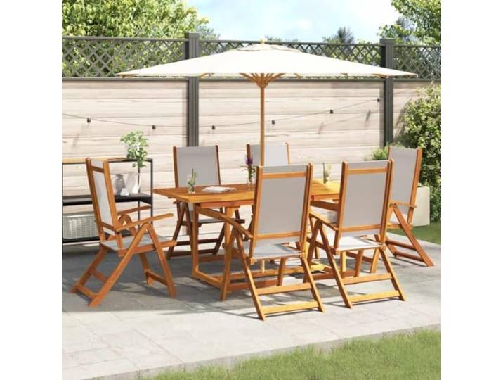 KTHLBRH Gartenmöbel-Set, 7-teilig, ausziehbarer Tisch 120-170 cm, 6 Stühle Acacia Massello, 5-fach verstellbare Stühle, klappbar, Öffnung für Sonnenschirm, Grau