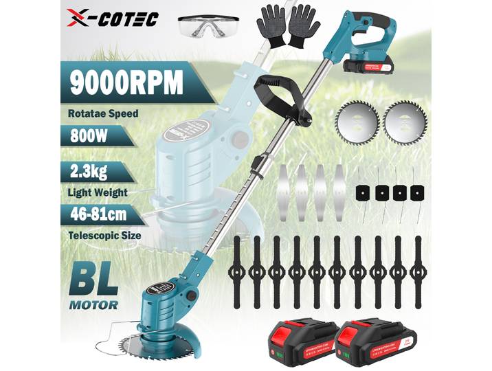 X-COTEC debroussailleuse electrique sans fil, 21V, 2 batteries de 1,5A et chargeur, tête de moteur rotative, poignée rétractable, 0,9kg, léger, pour tondre les pelouses, les jardins et enlever les