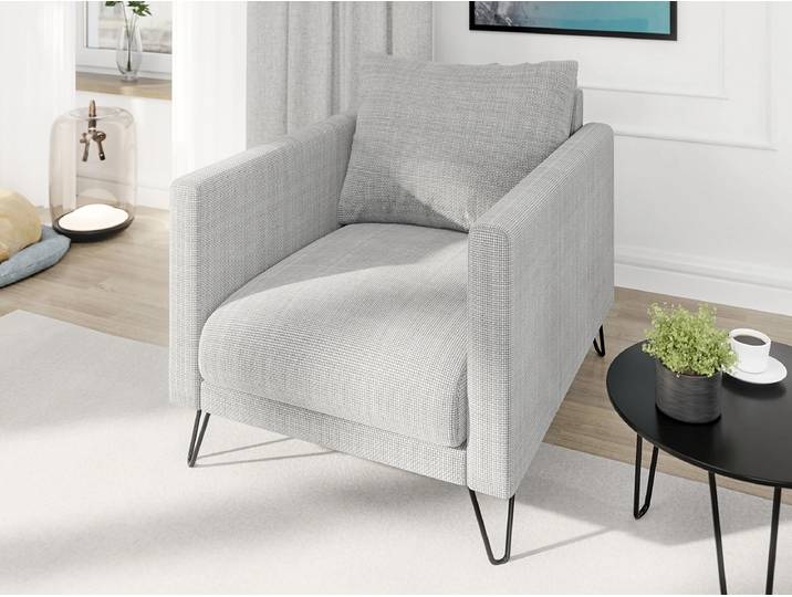 S-Style Möbel Harmony - Moderner Sessel aus Chenille-Stoff mit Hohen Schwarzen Metallfüßen - Hellgrau