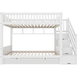 MODFU Etagenbett Kiefernholz Weiß 254x95x165 cm mit Ausziehbett, Kleiderschrank, Regal und Staufach