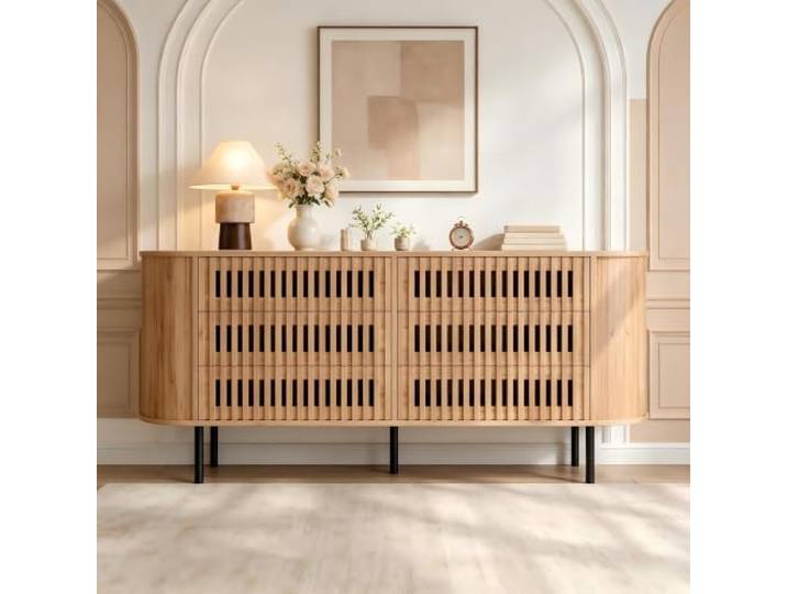 Sideboard Kommode mit 6 Schubladen, Hohl-Lamellen Design,160x40x70 cm 4 schwarze Metallbeine, Belastbarkeit 70 kg, für Wohnzimmer Schlafzimmer Flur