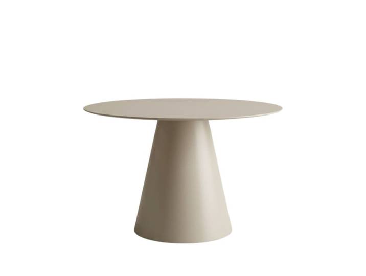 Table ronde fixe gris tourterelle avec plateau en verre, ø 120x76 cm.