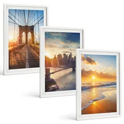 BILDER SET 3er Set - 40x60 cm Weißer Rahmen - Brücken, Sonnenuntergänge, Stadt