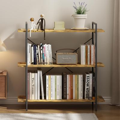 Kodotan sofa 3-Tier Bookshelf, Horizontal Bookcase with Open Storage Shelves, Rustic Industrial Plant Stand, Wood & Metal Shelf for Living