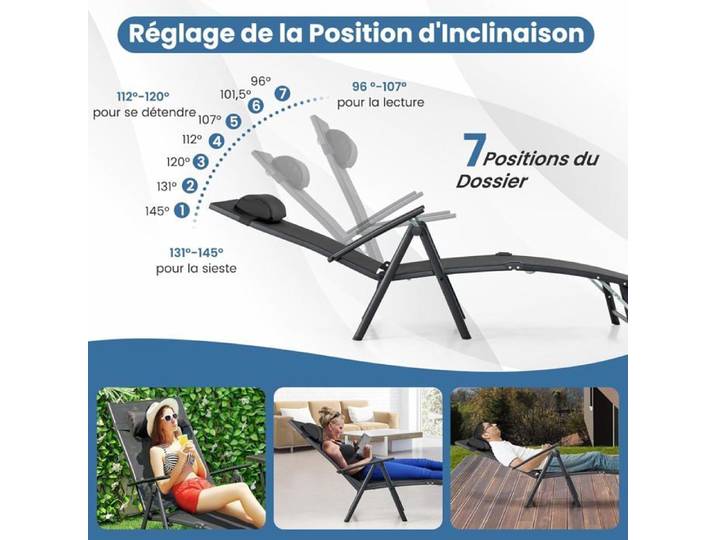 GIANTEX Chaise Longue Pliante avec Dossier Réglable à 7 Niveaux avec Accoudoir et Repose-tête-Transat Jardin Charge 150 KG Noir