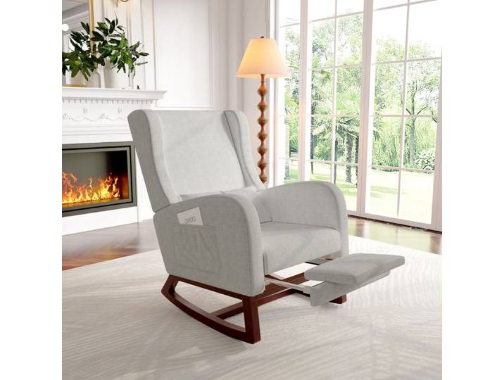 Fauteuil à bascule Rocking Chair Avec support pour les jambes Fauteuil à bascule allaitement poches latérales Pieds en Bois Massif