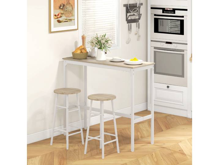 HOMCOM Ensemble Bar 2 Personnes Table + Tabourets Bois/Acier Blanc
