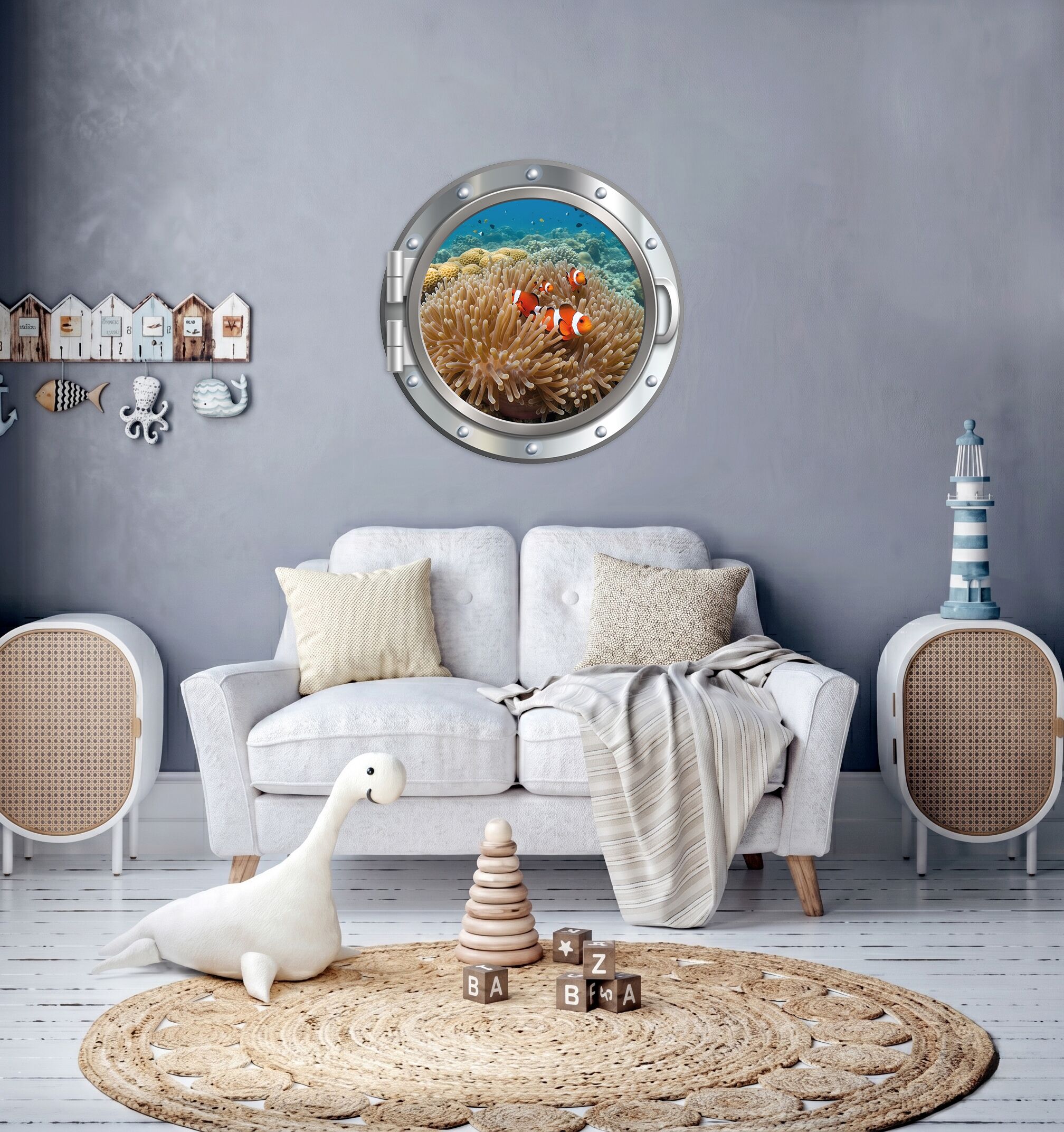 Wandsticker QUEENCE "3D Bullauge Illusion Unterwasserwelt Korallen 40x40 cm", bunt (silberfarben 2), Ø:40cm, Vinyl, Wandtattoos, Wandsticker, Selbstklebender Wanddurchbruch Unterwasser silberfarben 2 Ø 40cm