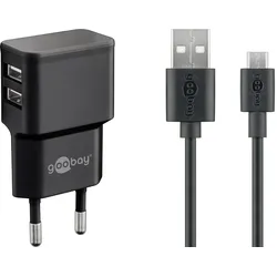 goobay 12W 2x USB-A Ladegerät mit Kabel 1m, schwarz
