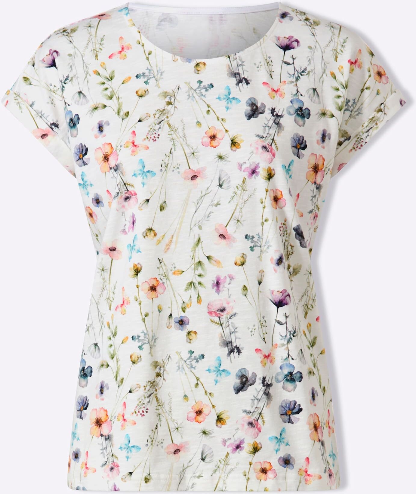 Print-Shirt INSPIRATIONEN "Print-Shirt", Damen, Gr. 38, bunt (ecru, bedruckt), 100% Baumwolle, bedruckt, geblümt, gemustert, mehrfarbig, Rundhals, Shirts Print-Shirt ecru, bedruckt 38