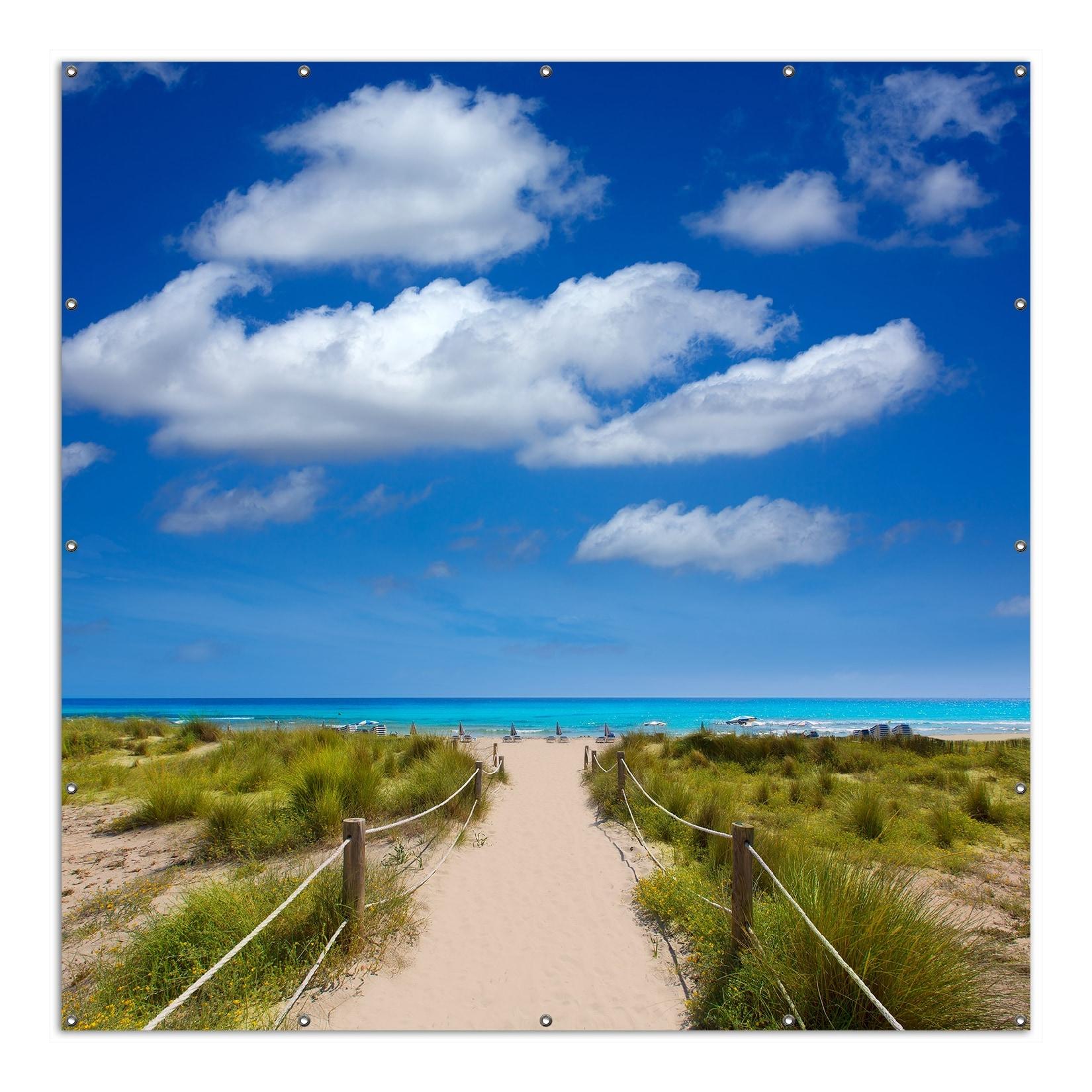 Wallario Gartenposter ca. 120 x 180 cm Sandweg zum blauen Meer mit blauem Himmel