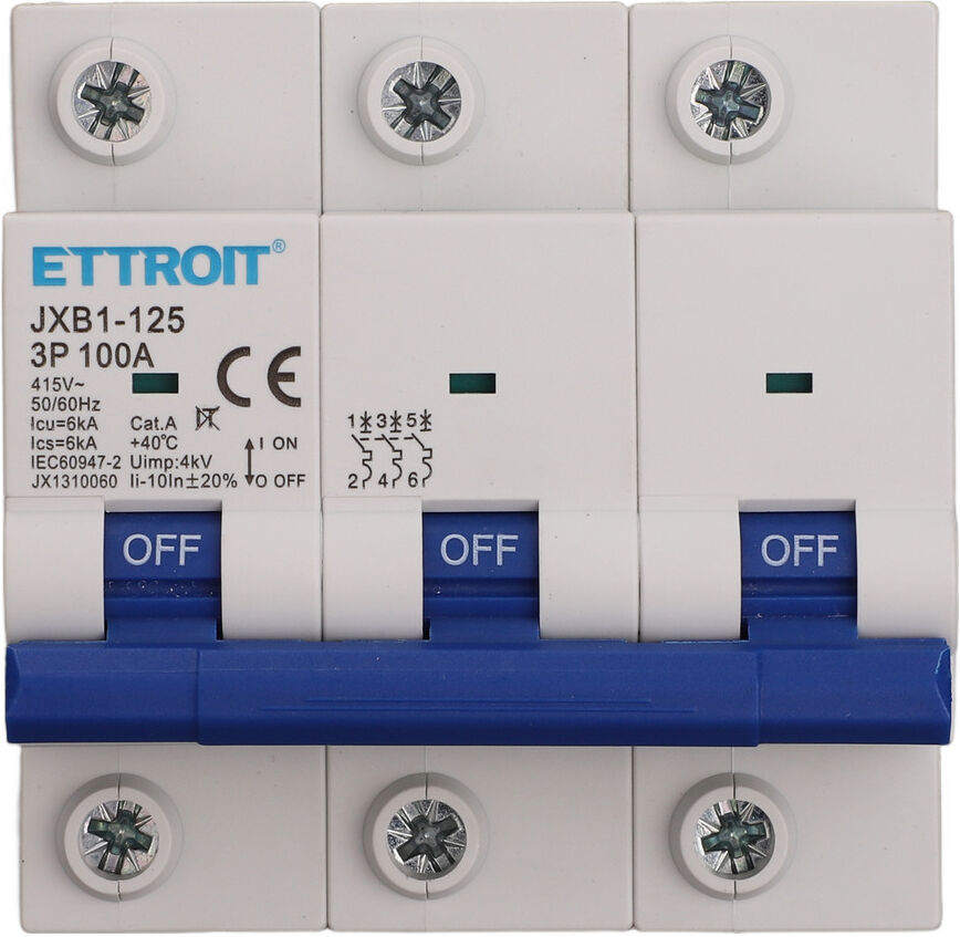 Ettroit Interruttore Magnetotermico 3p 100a 6 Ka Jx1310060