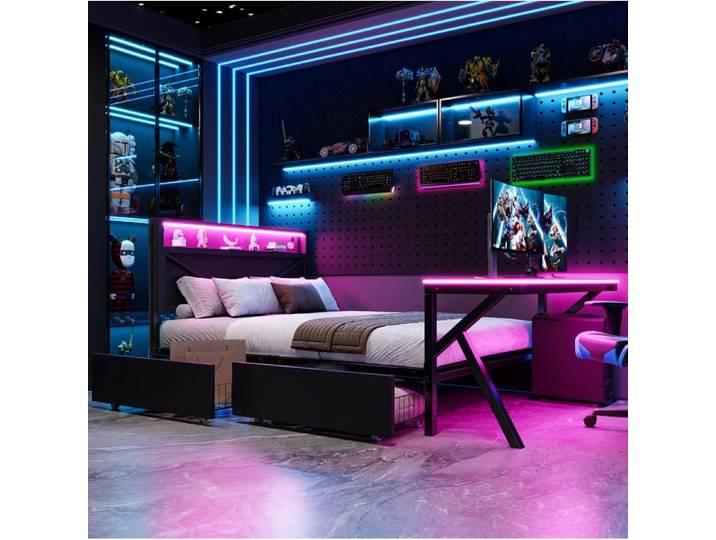 Lit plateforme gaming 140x200 cm AESVAR avec tête de lit LED bureau LED intégré et 2 tiroirs noir