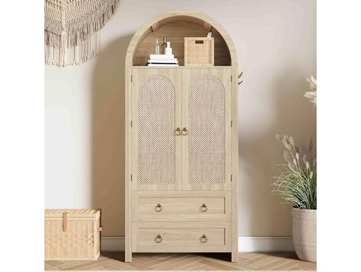 RAPRAP Gewölbter Vitrinenschrank mit Rattantür, Metallgriffen & Seitlichen Haken, 80L x40B x 180H(cm) Retro Vitrinenschrank Wohnzimmer Mit Schubladen,Eiche,B