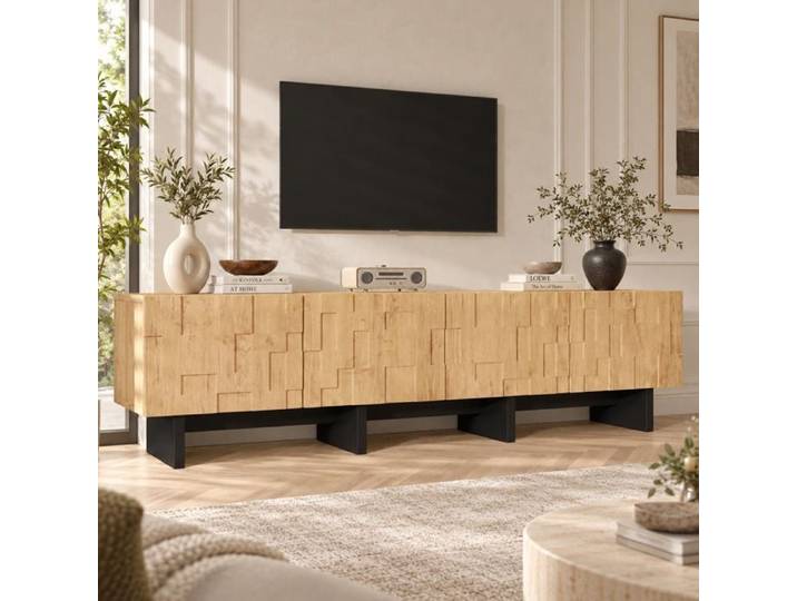 Meuble TV Support télévision avec 4 Placards de Rangement Style Design Bois Naturel