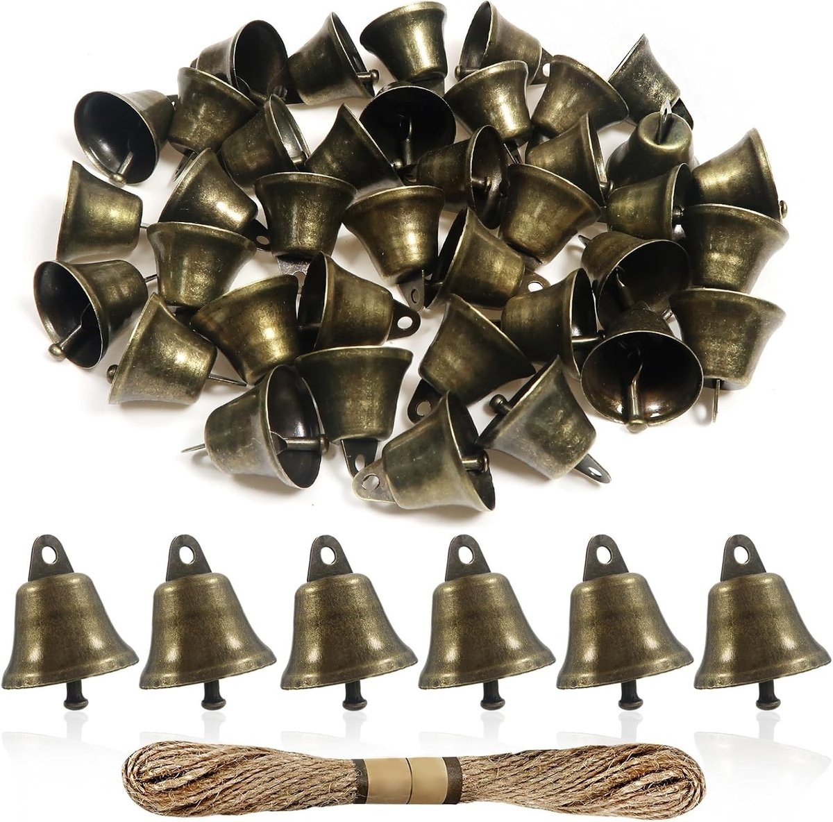 Omgoods 20 stuks gouden metalen belletjes met hennepkoord, 38 mm