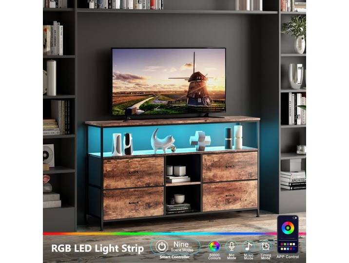 Meuble TV LED Meuble TV haut 108 cm Table TV 4 tiroirs en tissu étagères ouvertes rangement structure acier 108×30×78 Marron