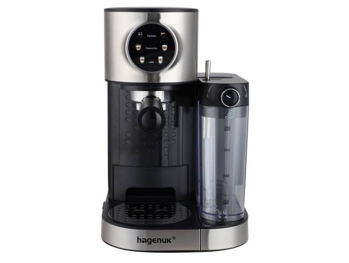Hagenuk Siebträgermaschine, Edelstahlfilter, Color-Touch-Display, Reinigungsprogramm, abnehmbarer Milchtank