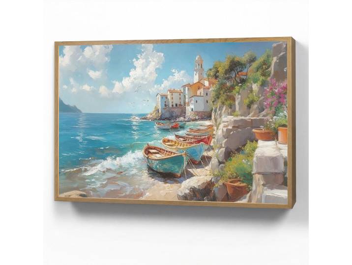 OnlyWow Wandleuchte MIT Akku Boote - Felsen - Meer - Sonne 90x60 cm, Blau, Rechteckig, LED integrated, 90x60x8 cm, Lampen & Leuchten, Innenbeleuchtung, Wandleuchten