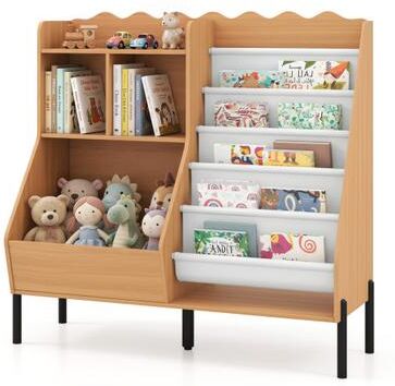 Costway Kids Bookshelf and Toy Storage Organizer Wooden Bookcase with 5 Fabric Pockets-Natural