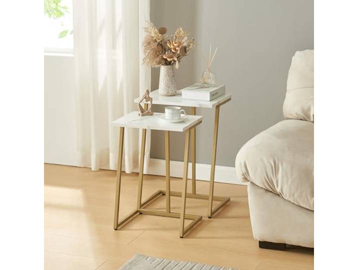 [en.casa] Satztisch Salem 2er Set Sofatisch Beistelltisch 2 Größen stapelbar Wohnzimmertisch Metall Kaffetisch quadratisch Gold/Marmor, Weiß