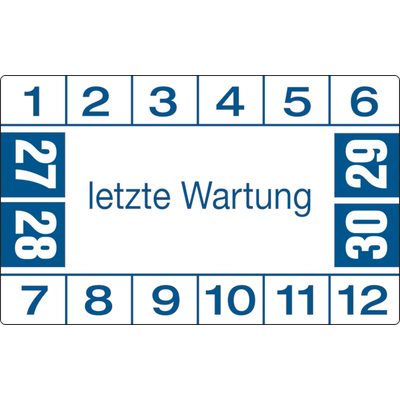 Prüfplakette ab 27, letzte Wartung, blau/weiß - Bogen = 10 Plaketten - 40 x 25 mm Folie selbstklebend