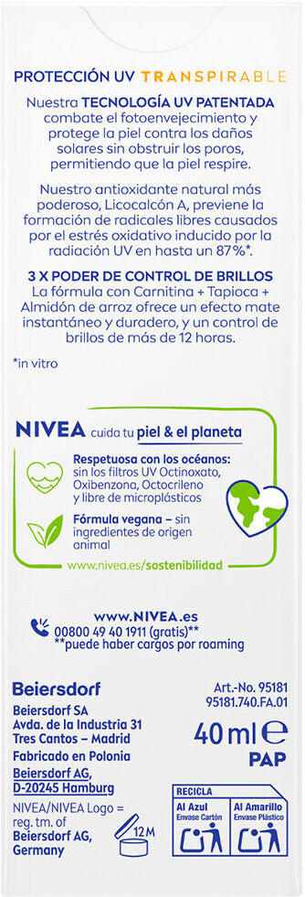 Nivea Sun protección facial control de brillos SPF50+ 40 ml