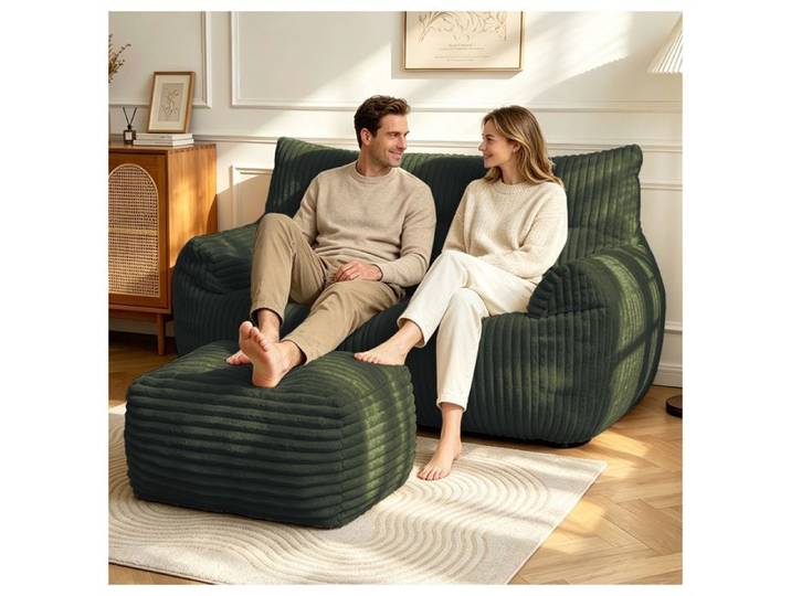 Fauteuil pouf double avec repose-pied - Pouf 2 places pour le salon la chambre la résidence étudiante - Noir