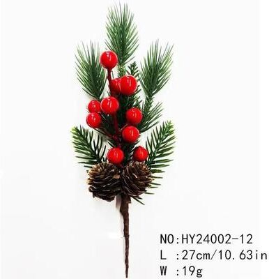 Inspired Finds Green And Red Christmas Pine Branch Picks For DIY Holiday Decor variant 3: Red Berries With Two Pine Cones And Green Leaves 10.63in 27cm