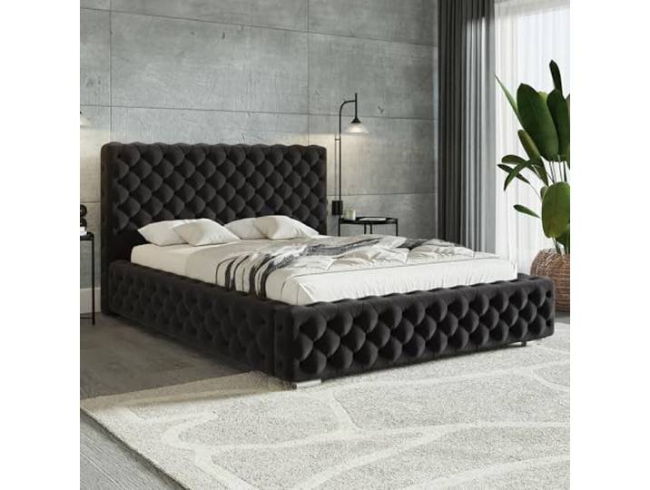 MOTIVENA Dianna Chesterfield Bett 180x200 Schwarz Samt, mit Stauraum, mit Kopfteil, mit Lattenrost, mit Füßen, ohne Matratze, Chesterfield Polsterbett 180x200 mit Bettkasten Schwarz
