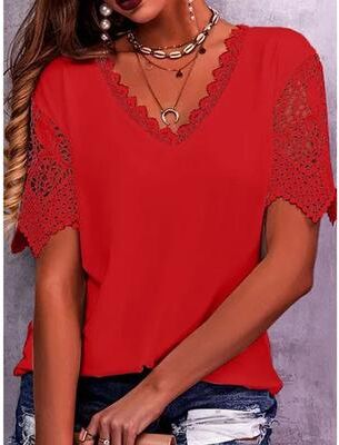 Daily Deals Depot Elegant Lace Sleeve Oversized Blouse For Women Casual Chic Streetwear Top red m