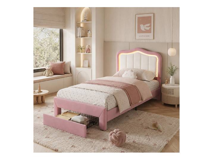 Flieks Polsterbett, Kinderbett 90x200cm mit Schublade und LED-Beleuchtung