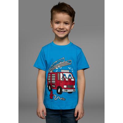 T-Shirt KIDSWORLD "Mit coolem FEUERWEHR Druck", Jungen, Gr. 104/110, blau (türkis), Single Jersey, Obermaterial: 100% Baumwolle, bedruckt, Basic, Rundhals, Shirts T-Shirt, Kurzarm, Basic-Passform, mit stylischem Druck, Rundhalsausschnitt