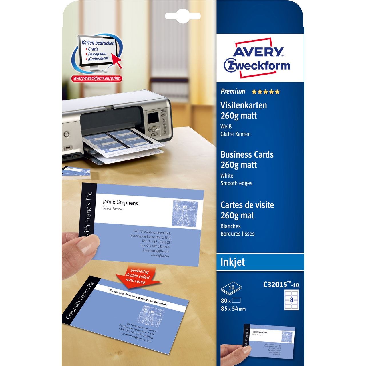 AVERY Zweckform Quick & Clean Visitenkarten, matt, 260 g/qm