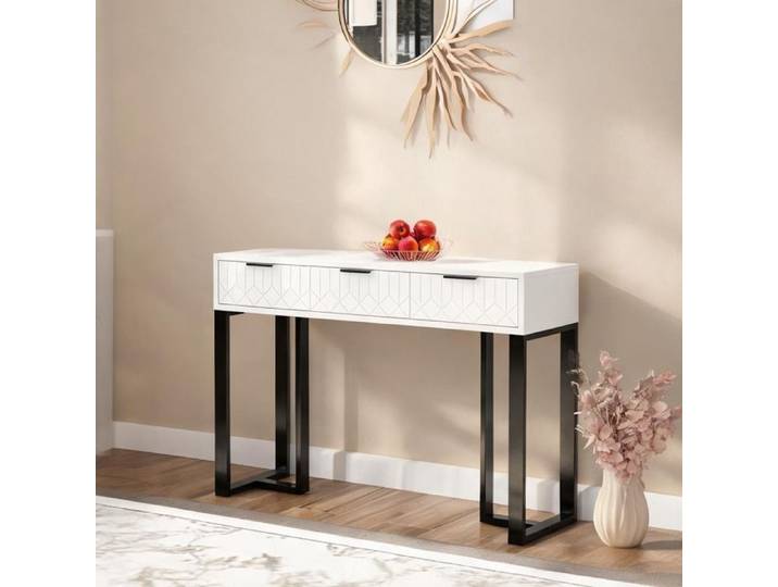 Console moderne 120 cm blanc et noir plateau MDF laqué cadre doré et 3 tiroirs