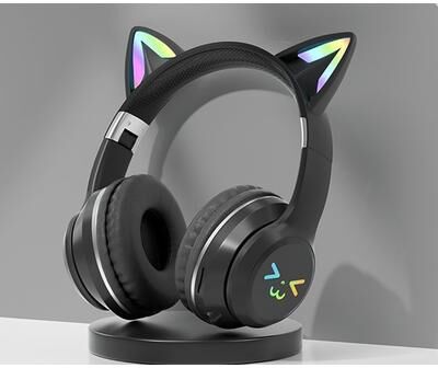 Cozy Casa Charm Cute Cat Ear Bluetooth Headphones With LED Lights For Kids & Girls black