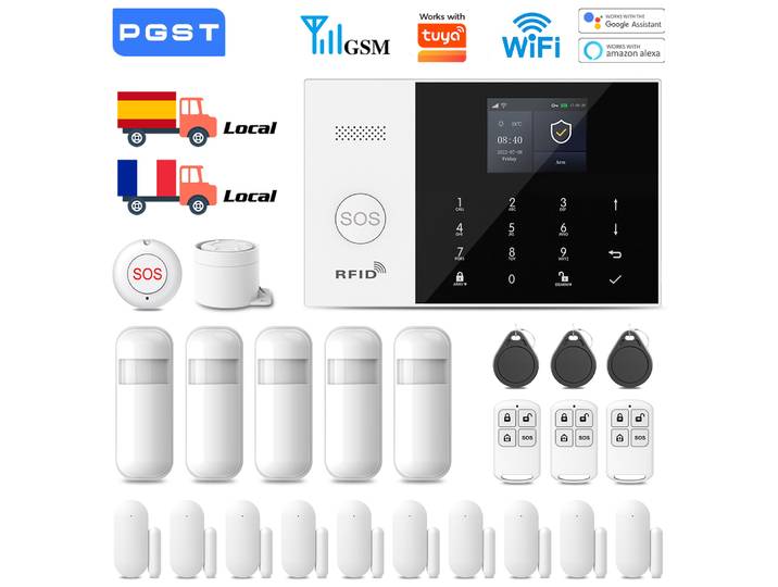 Système d’alarme GSM compatible avec Tuya WiFi, alarme maison 2G 433MHz, capteur de mouvement et porte, fonctionne avec Alexa et Google