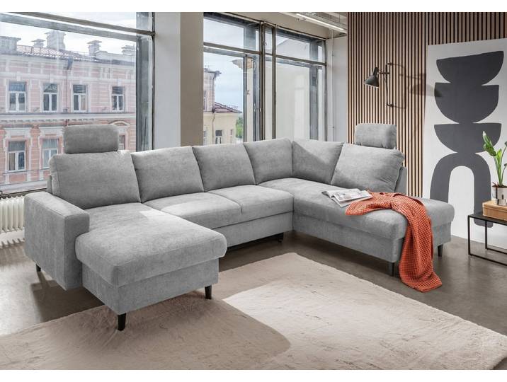 freiraum Wohnlandschaft Pris, U-Form, Funktionen, grau - 153x305x75x200 (LxBxHxT)
