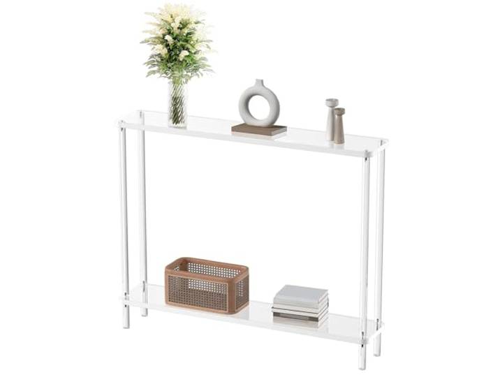 2-Tier Acryl Schmale Konsole Tische,Moderner Klarer Eingangstisch für Foyer Sofa Wohnzimmer Schlafzimmer,Zylindrische Beine Schlanker Flur Tisch Kunst Beistelltisch mit Offenem(Size:39 ,Color:Löschen)