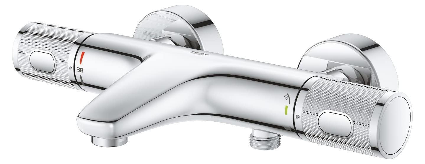 Dripio Thermostatische badkraan met twee handgrepen, chroom, waterbesparend, voor wandmontage